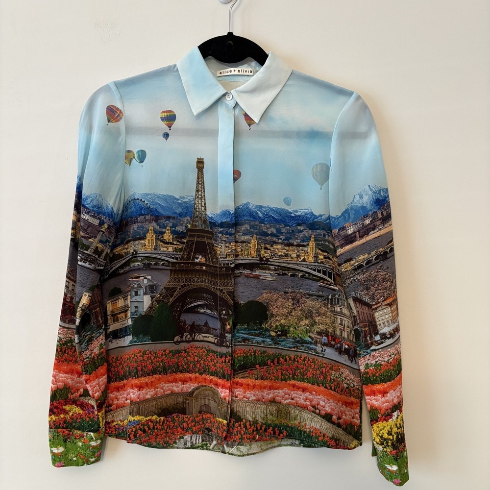 Alice + Olivia Willa 100% Silk Paris Eiffel Tower Blouse XS ASO Emily In Paris